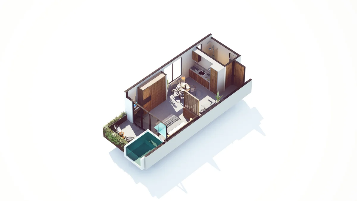 Image of a 3D Floor Plan, featuring Luxury Studio and Private Plunge Pool.
