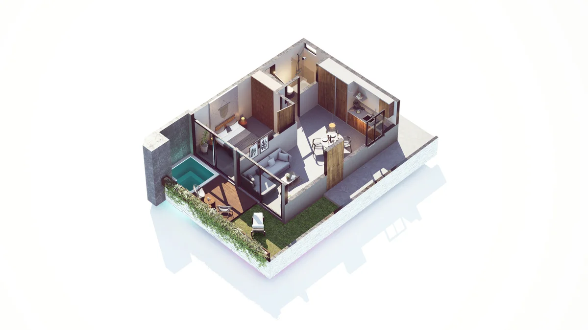 Image of a 3D Floor Plan, featuring One-Bedroom Apartment and Private Terrace.