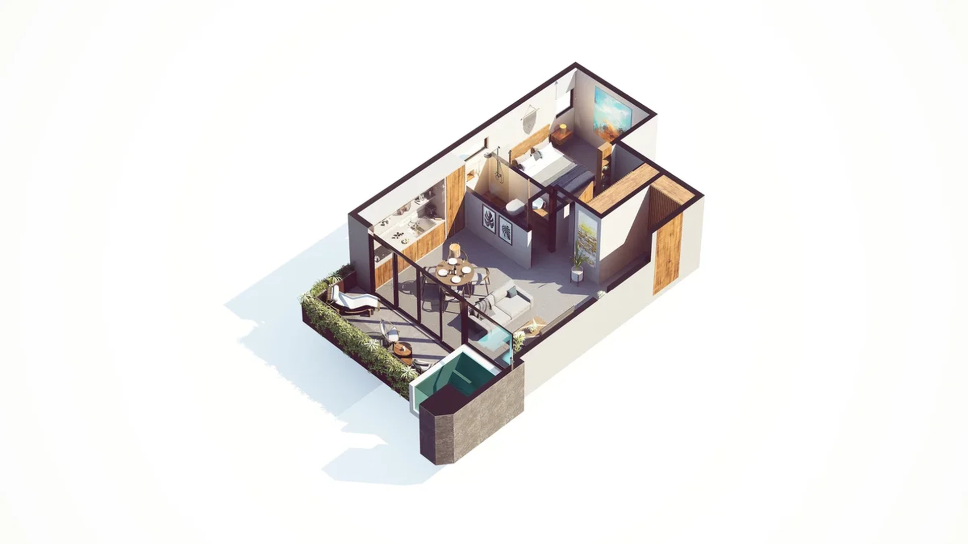 Image of a 3D Floor Plan, featuring One-Bedroom Apartment and Private Terrace.