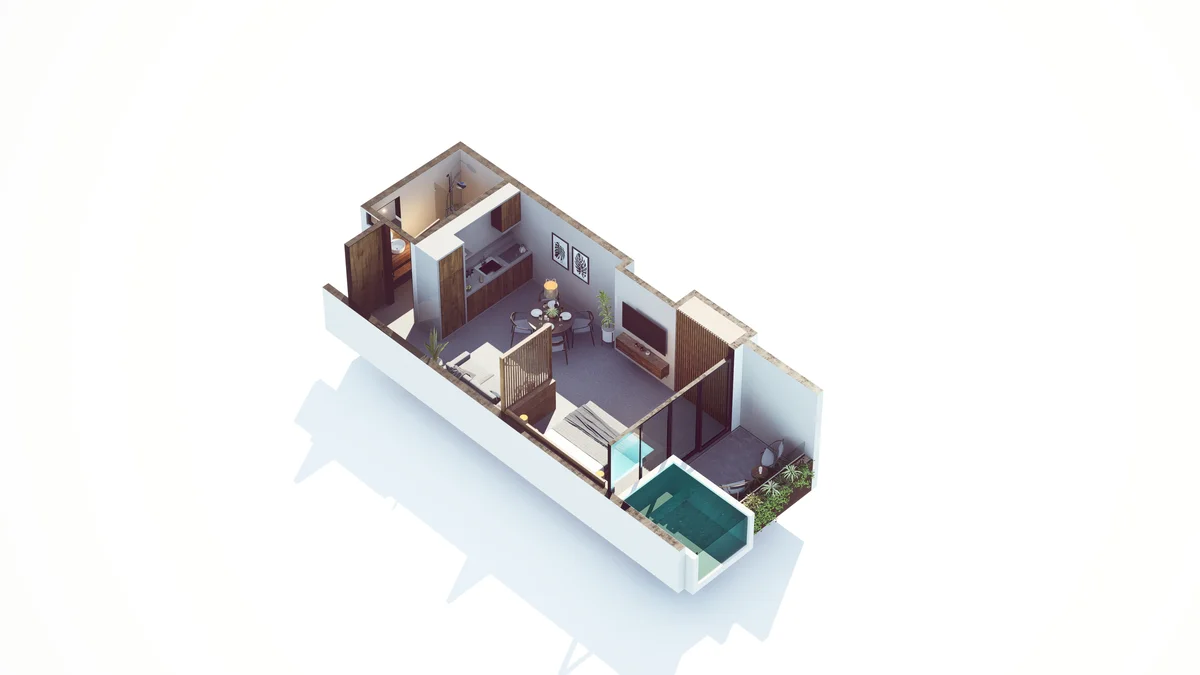 Image of a 3D Floor Plan, featuring Architectural Rendering and One Bedroom Apartment.
