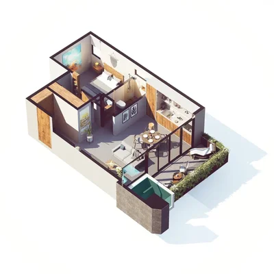 Image of a 3D Floor Plan, featuring One-Bedroom Apartment and Open Concept Living.