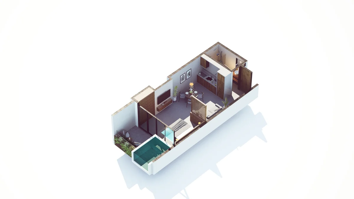 Image of a 3D Floor Plan, featuring Private Plunge Pool and Modern Studio Apartment.