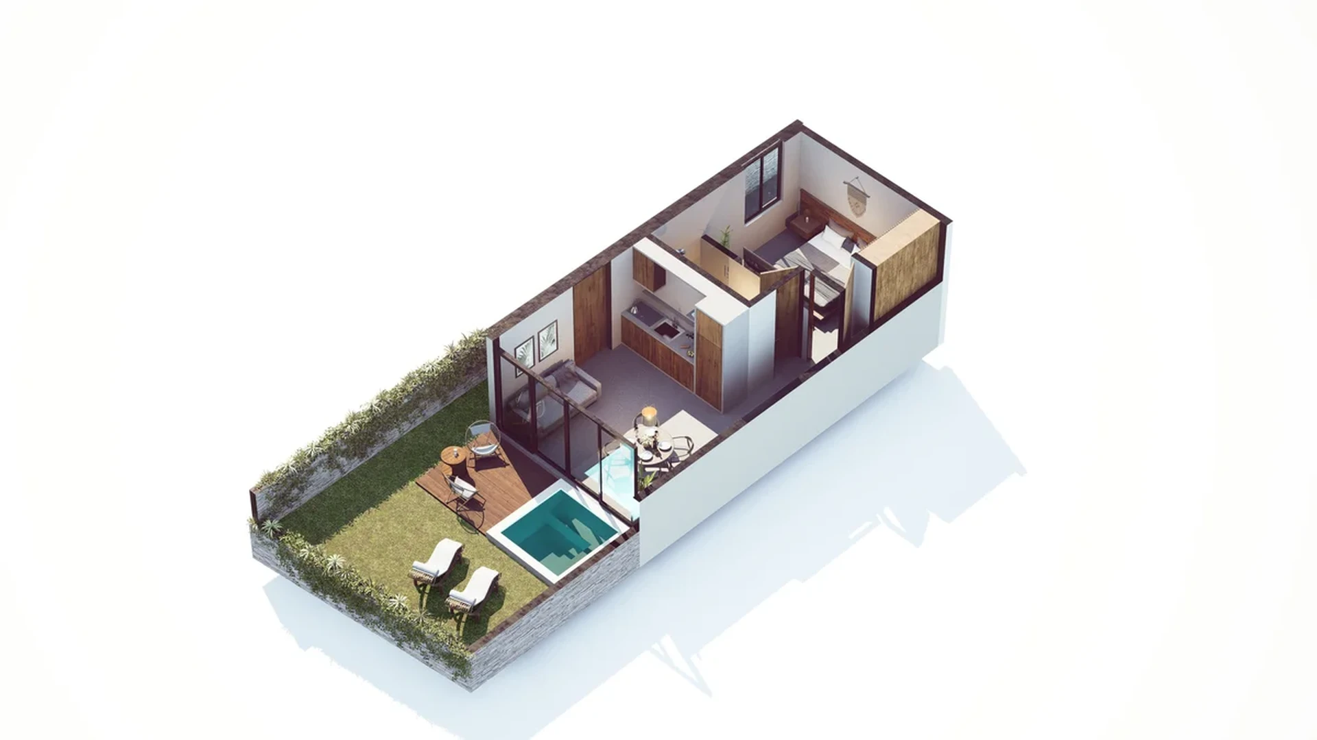 Image of a 3D Floor Plan, featuring One-Bedroom Apartment and Private Garden.