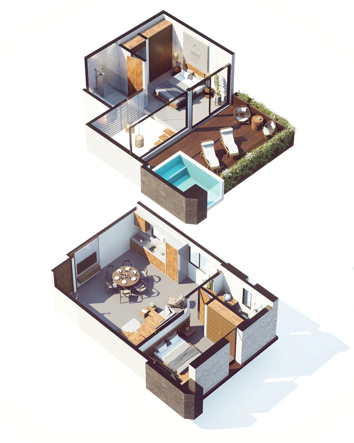 Image of a Two-Story Layout, featuring Private Plunge Pool and Rooftop Terrace.