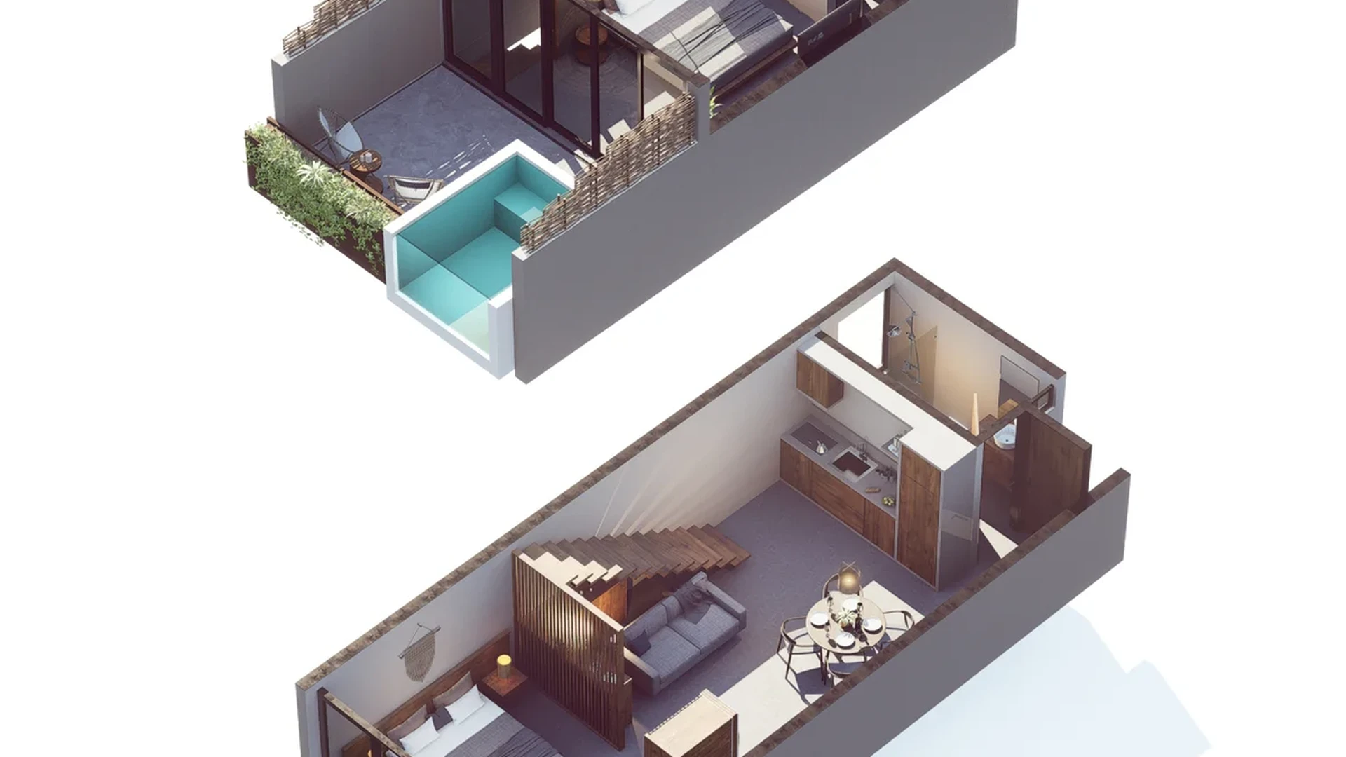 Image of a Two-Story Loft, featuring Private Plunge Pool and Outdoor Patio.
