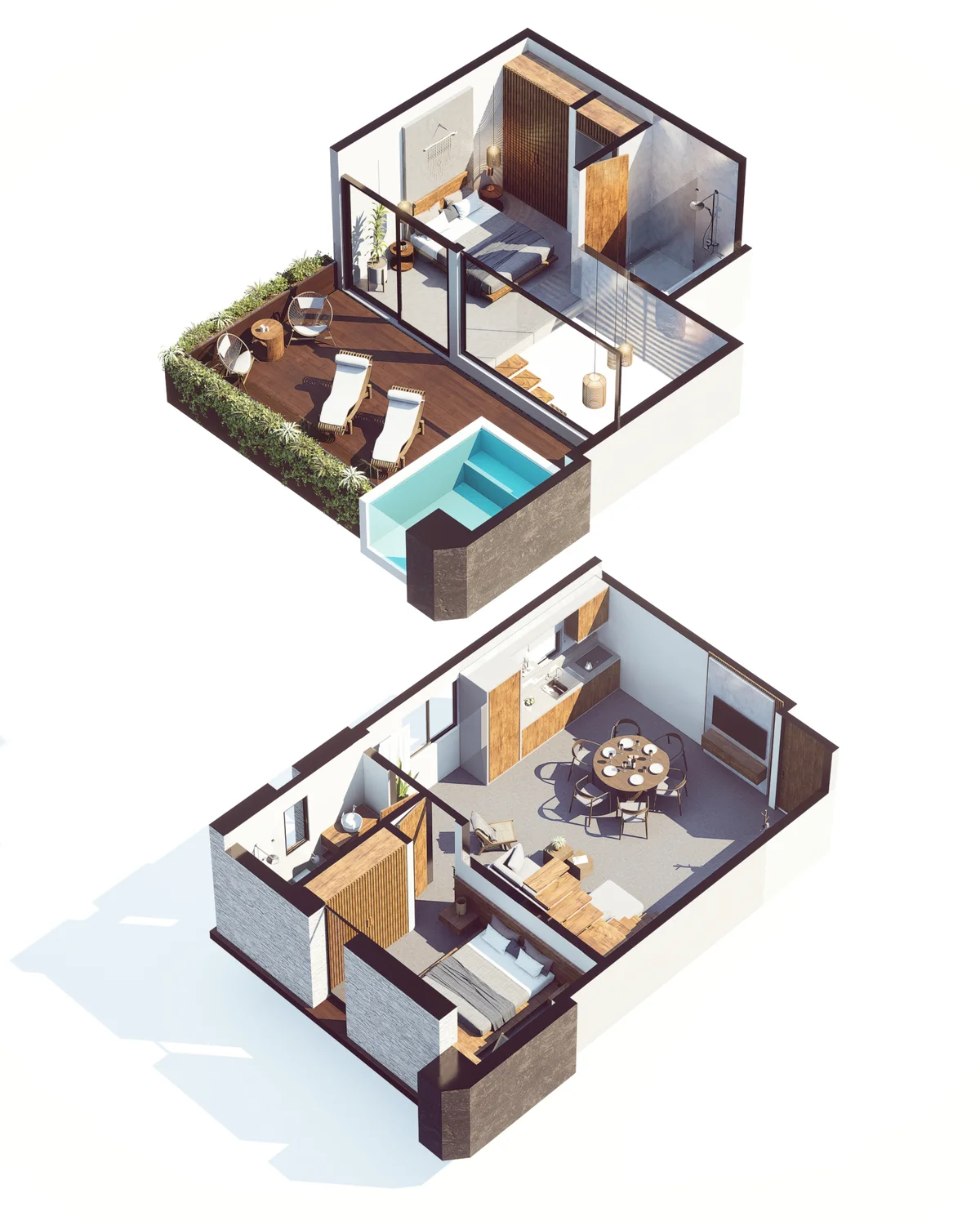 Image of a Two-Story Apartment, featuring Private Plunge Pool and Rooftop Terrace.