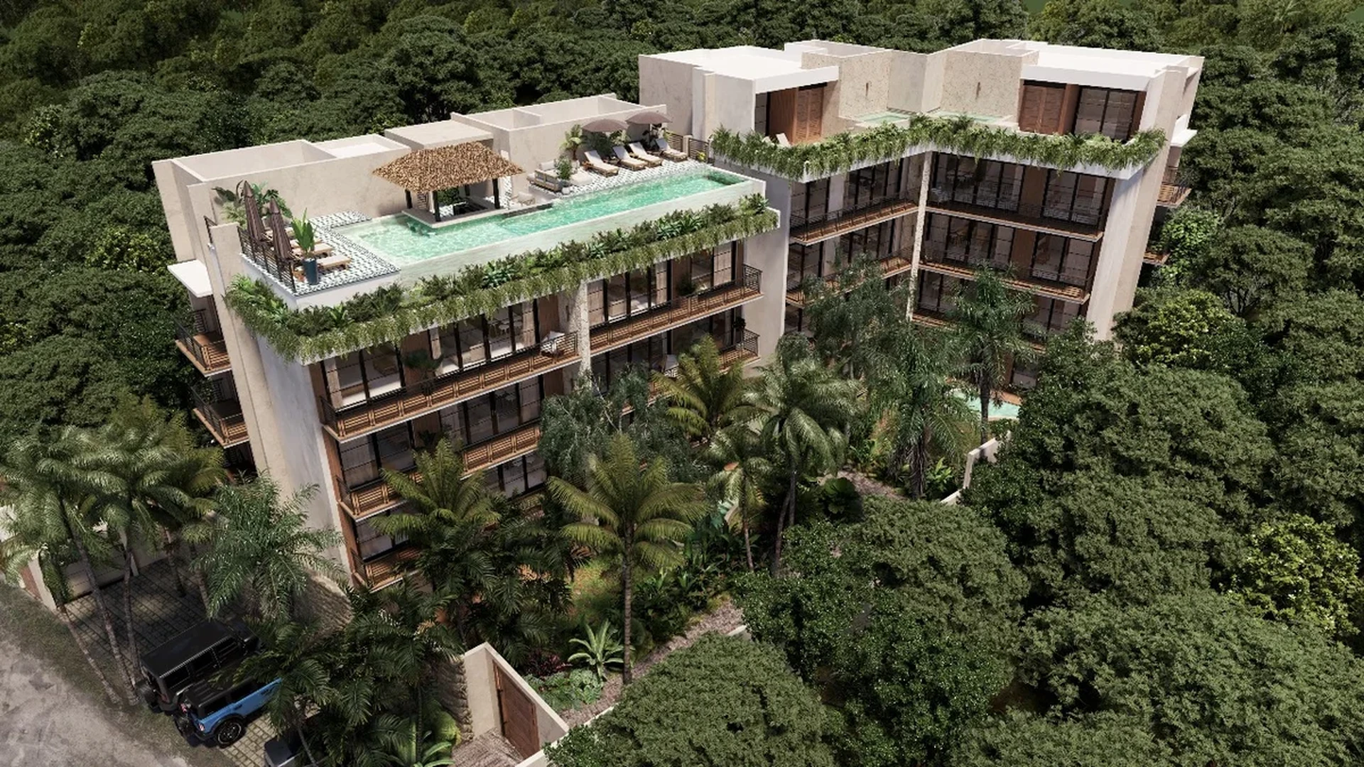 A middle-left view of a Building featuring vegetation and apartment.