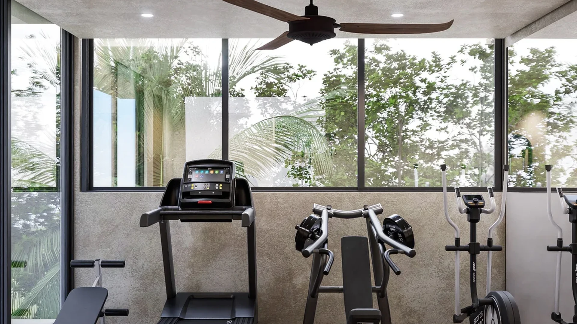 A middle-center view of a Window featuring exercise equipment and exercise machine.