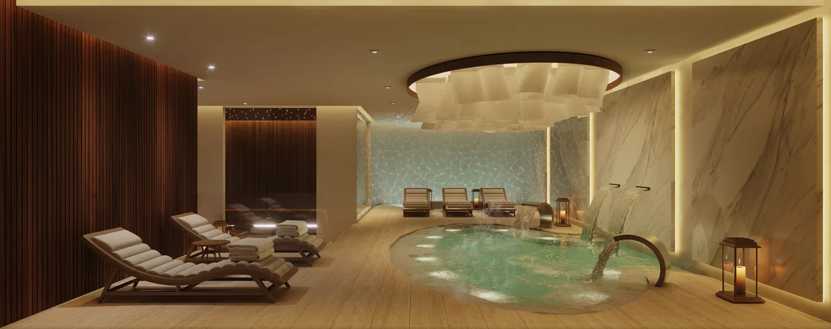 Image of a Indoor Spa, featuring Hydrotherapy Pool and Jacuzzi with Waterfalls.
