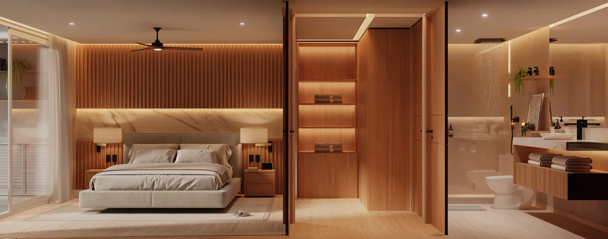 Image of a Luxury Bedroom Suite, featuring En-suite Bathroom and Wood Panel Accent Wall.