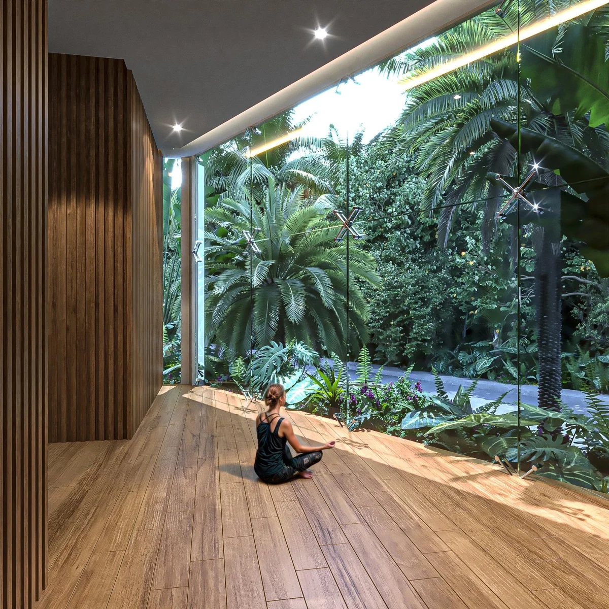 Image of a Yoga Studio, featuring Wellness Space and Floor-to-Ceiling Windows.