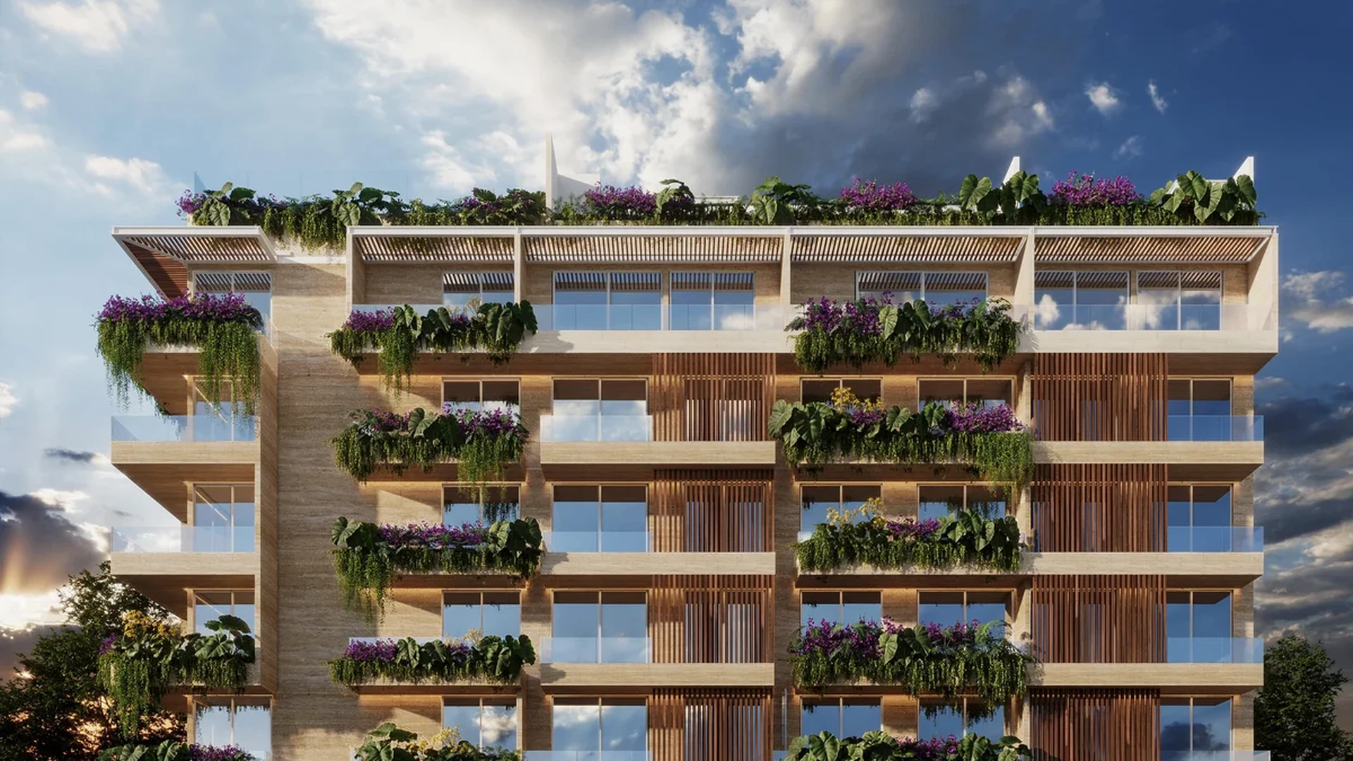 Image of a Modern Architectural Design, featuring Lush Vertical Gardens and Private Planted Balconies.