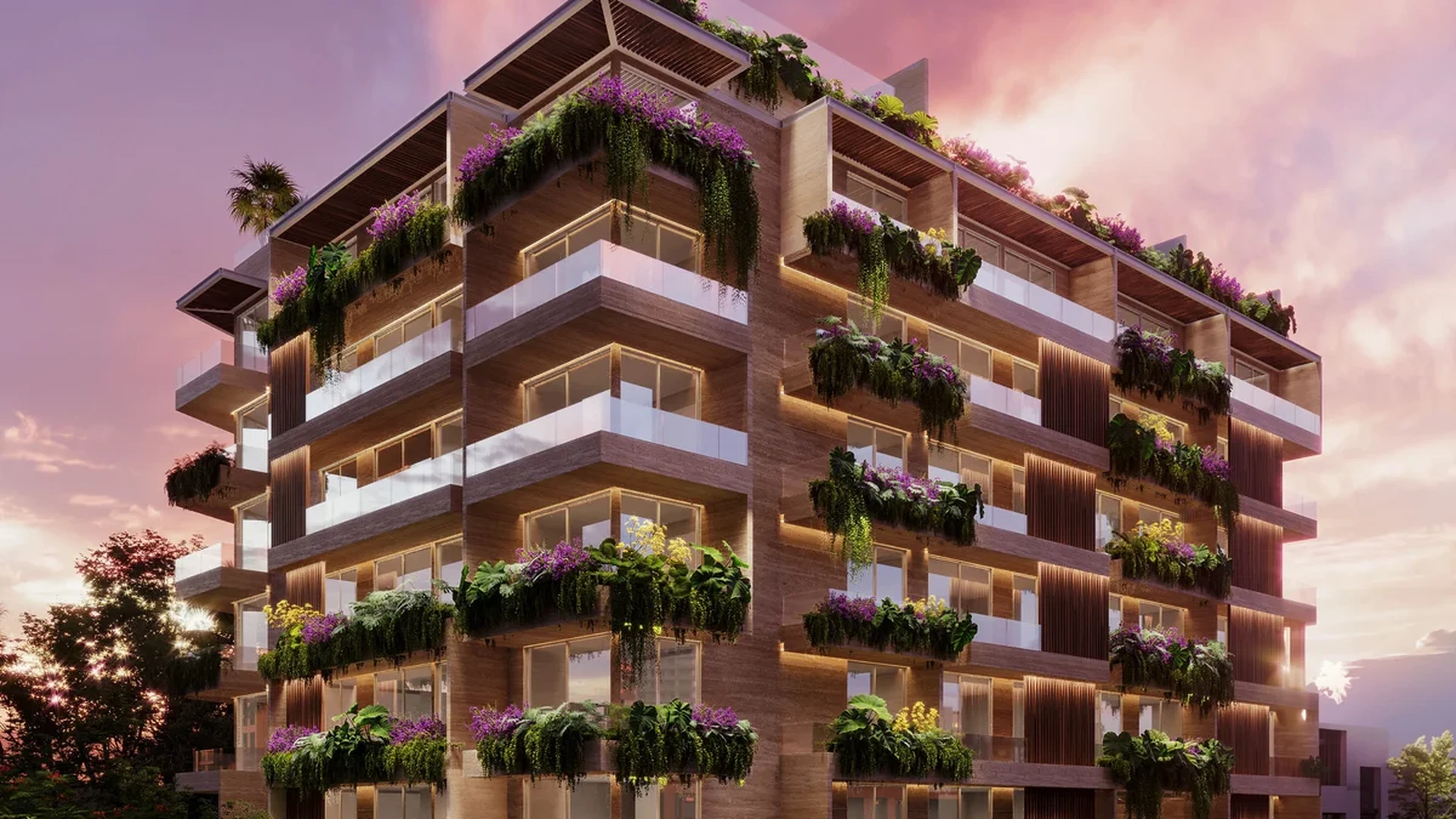 Image of a Modern Apartment Building, featuring Lush Green Facade and Private Balconies.