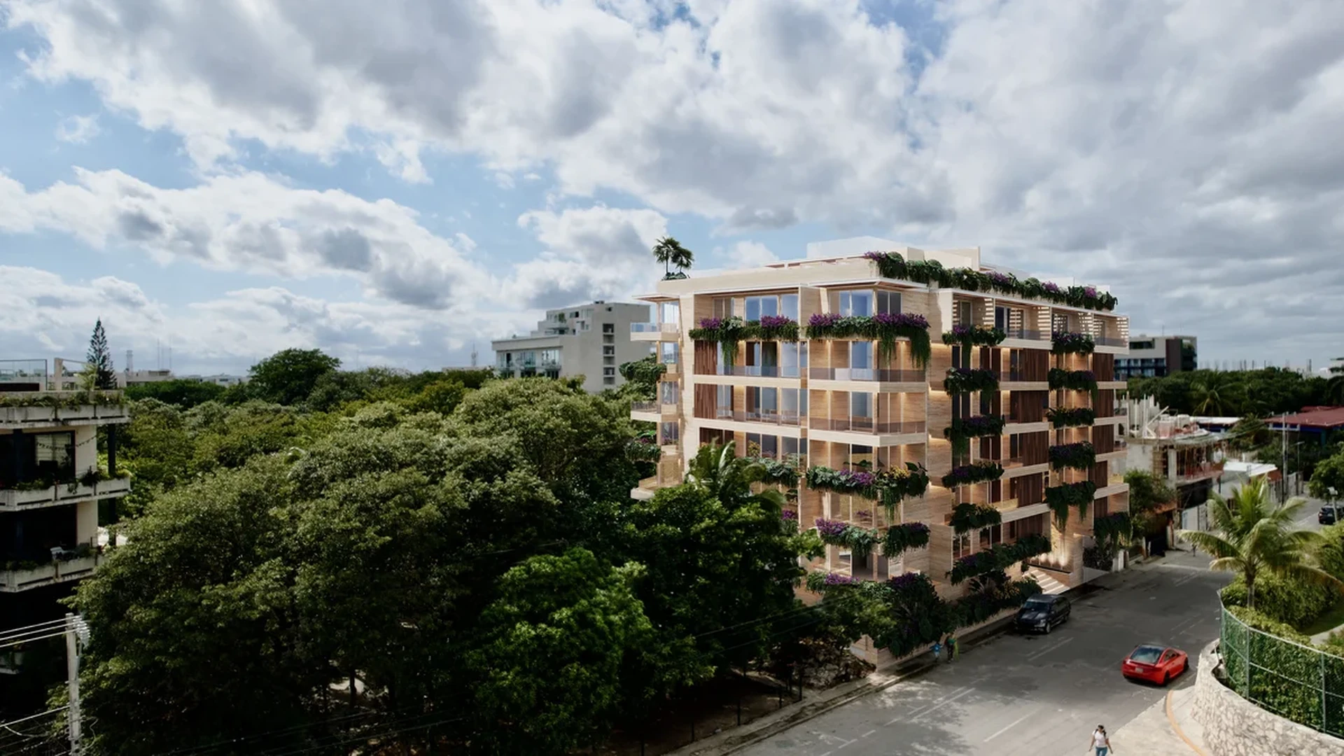 Image of a Modern Condominium, featuring Lush Balcony Gardens and Private Balconies.