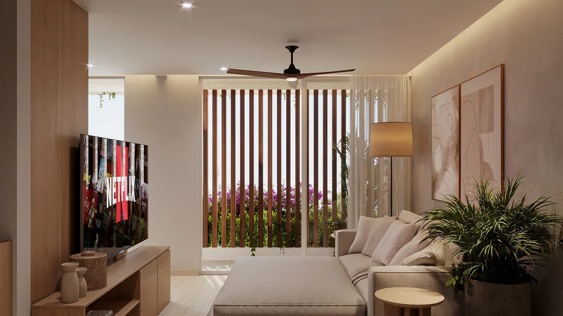 Image of a Modern Living Room, featuring Wood Accents and Travertine Tile Flooring.