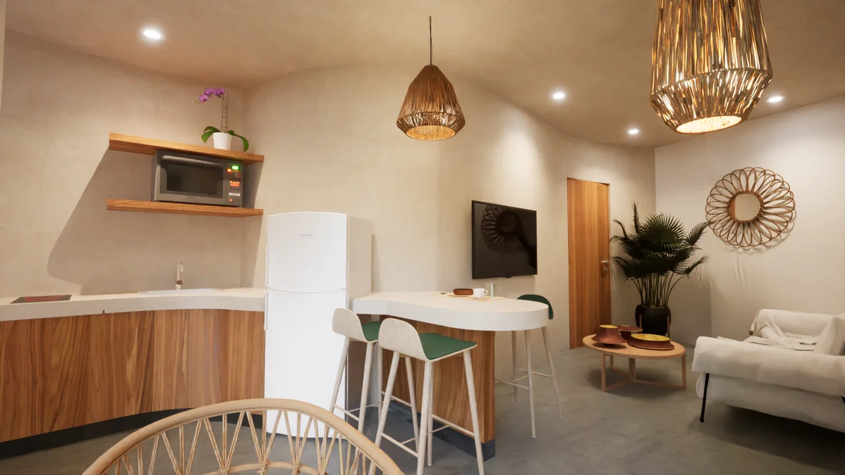 View of Open Concept Living at TsOn, showcasing Modern Kitchenette, Studio Apartment.