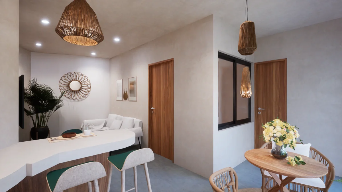 View of Open Concept Living at TsOn, showcasing Modern Interior, Bohemian Decor.