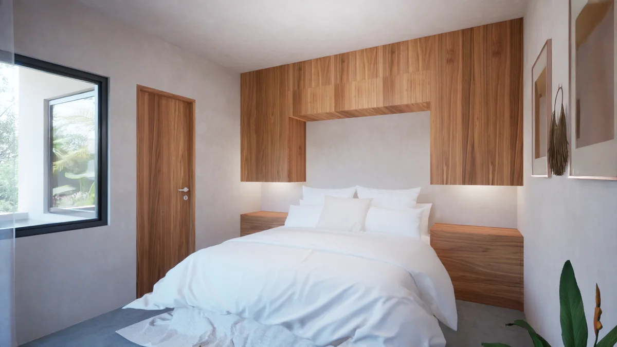 View of Modern Bedroom at TsOn, showcasing Wood Accent Wall, Built-in Headboard.