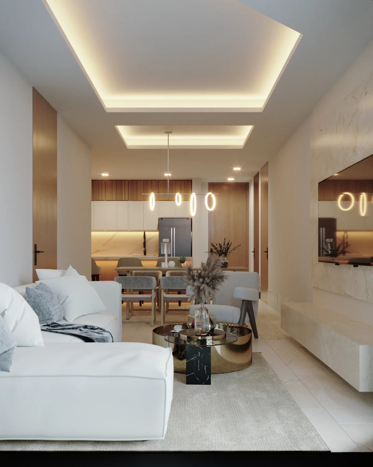 View of Open Concept Living at Distrito Zen, showcasing Modern Interior Design, Luxury Apartment.
