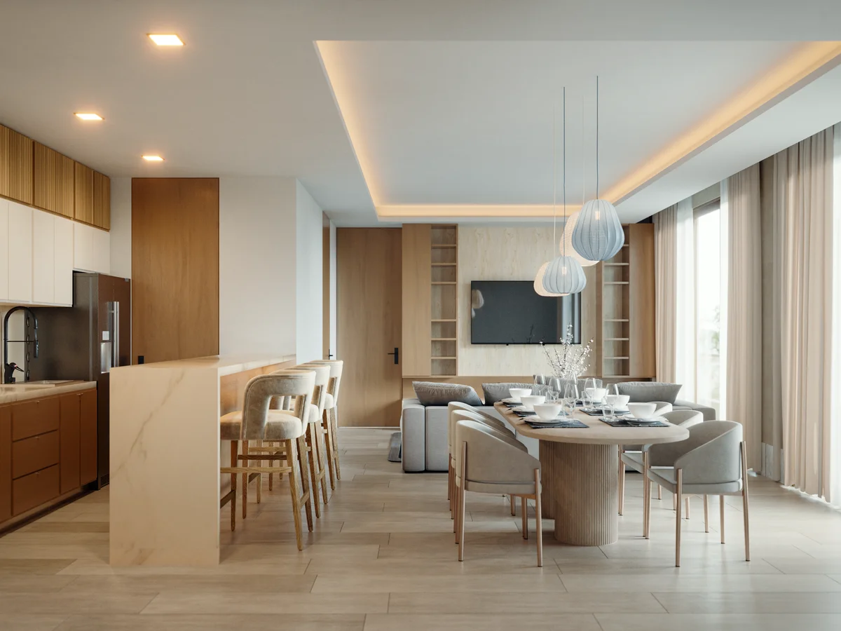 View of Open Concept Living at Distrito Zen, showcasing Modern Kitchen, Dining Area.