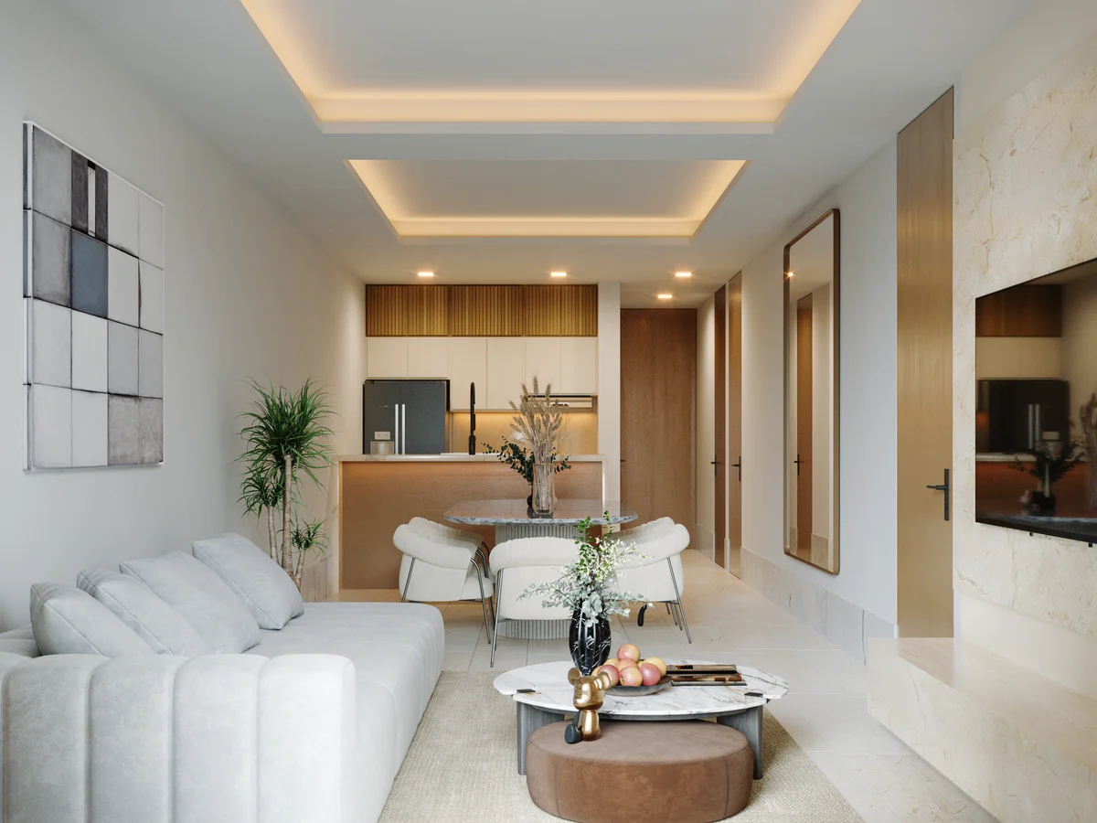 View of Open Concept Living at Distrito Zen, showcasing Modern Interior Design, Luxury Apartment.