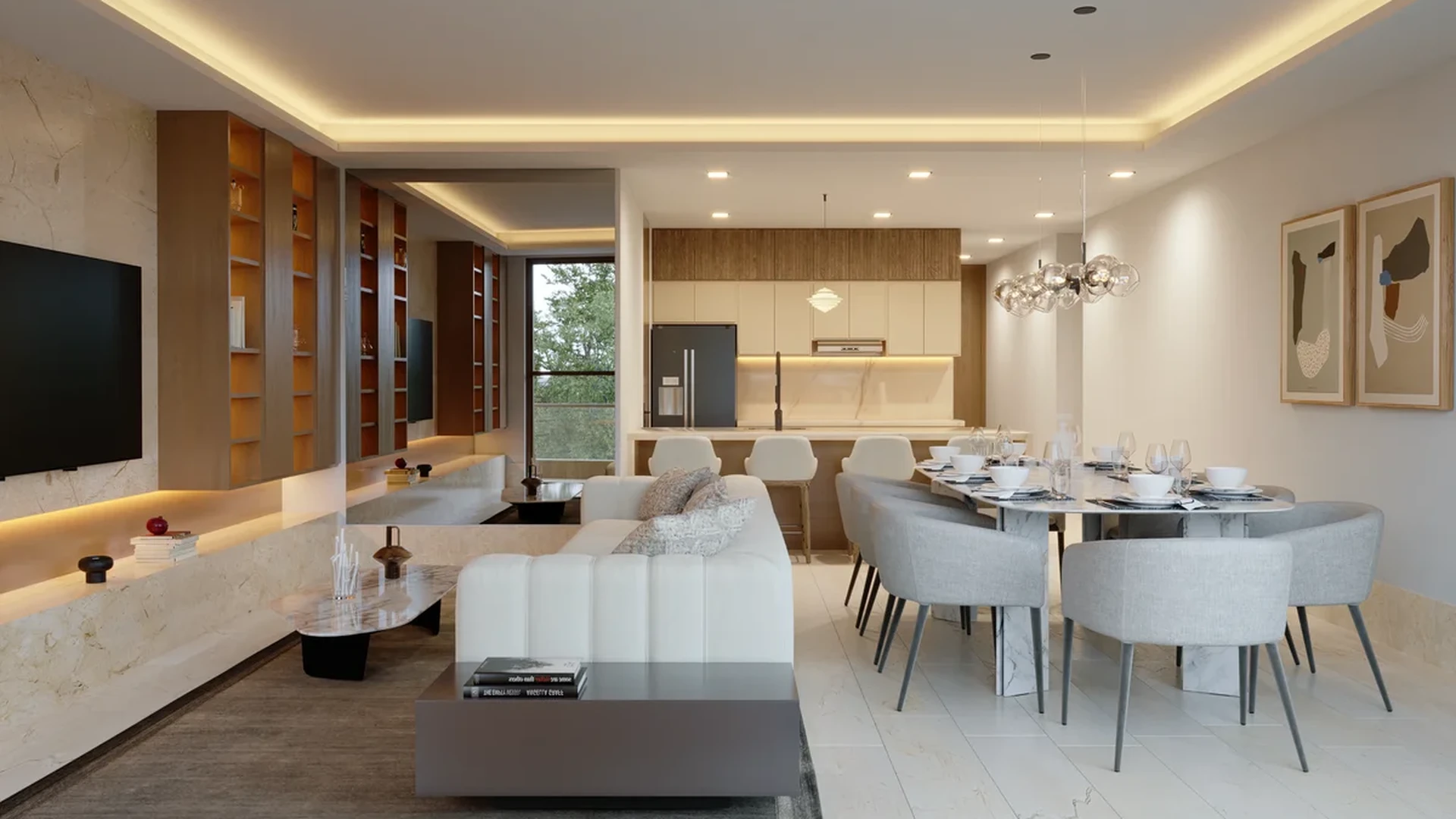 View of Open Concept Living at Distrito Zen, showcasing Modern Interior Design, Luxury Apartment.
