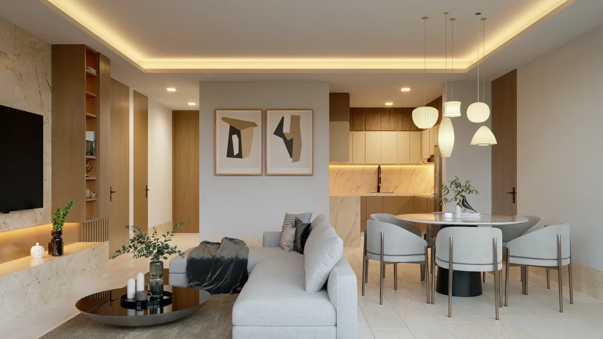 View of Open Concept Living at Distrito Zen, showcasing Modern Interior Design, Luxury Apartment.