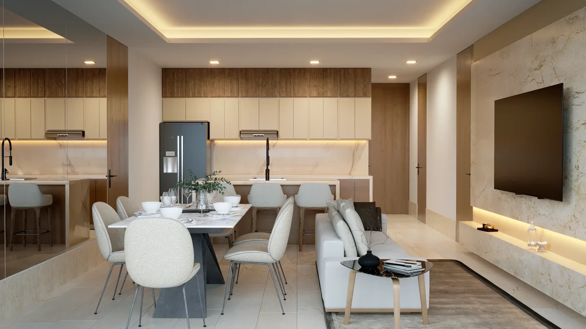 View of Open Concept Living at Distrito Zen, showcasing Modern Kitchen, Dining Area.