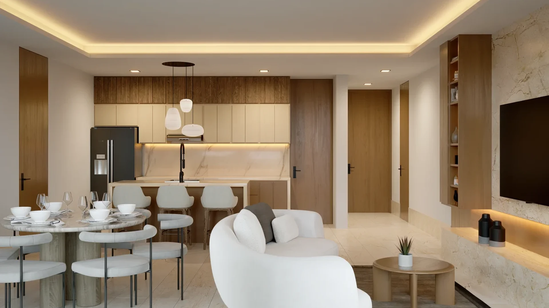 View of Open Concept Living at Distrito Zen, showcasing Modern Kitchen, Luxury Apartment.