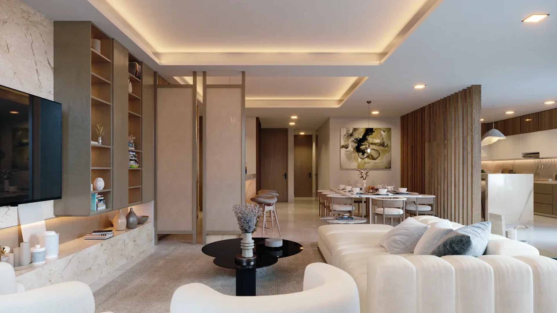 View of Open-Concept Living at Distrito Zen, showcasing Modern Interior Design, Luxury Apartment.