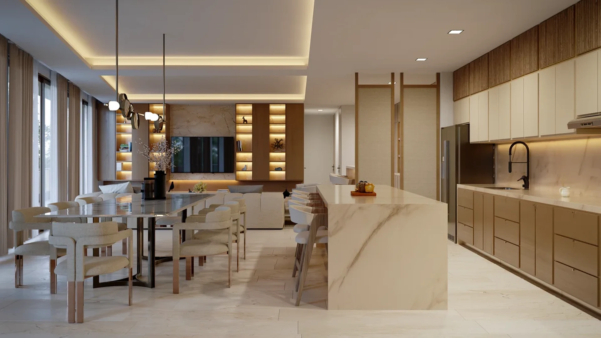 View of Open Concept Living at Distrito Zen, showcasing Modern Kitchen, Luxury Interior Design.