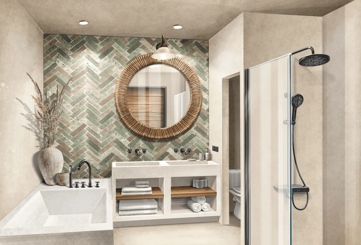 View of Modern Bathroom at Adhonai, showcasing Double Vanity, Herringbone Tile.