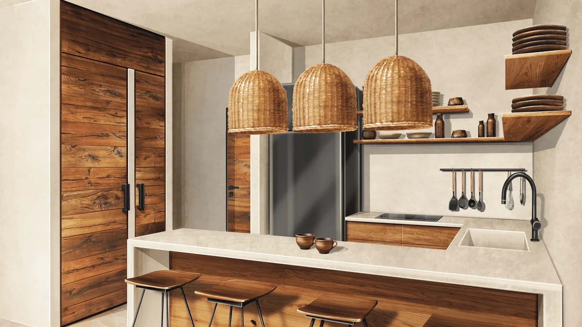 View of Modern Kitchen at Adhonai, showcasing Kitchen Island, Breakfast Bar.