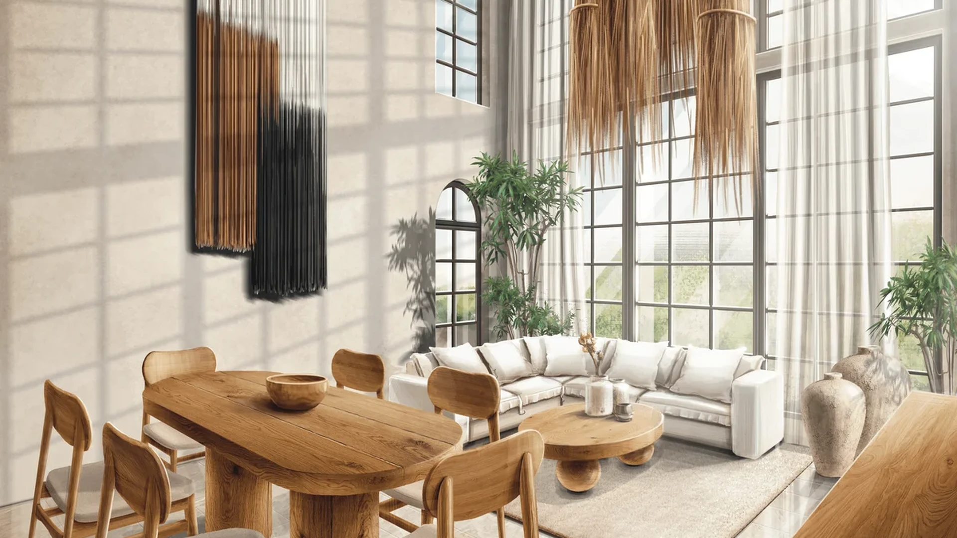 View of Open Concept Living at Adhonai, showcasing High Ceilings, Natural Light.