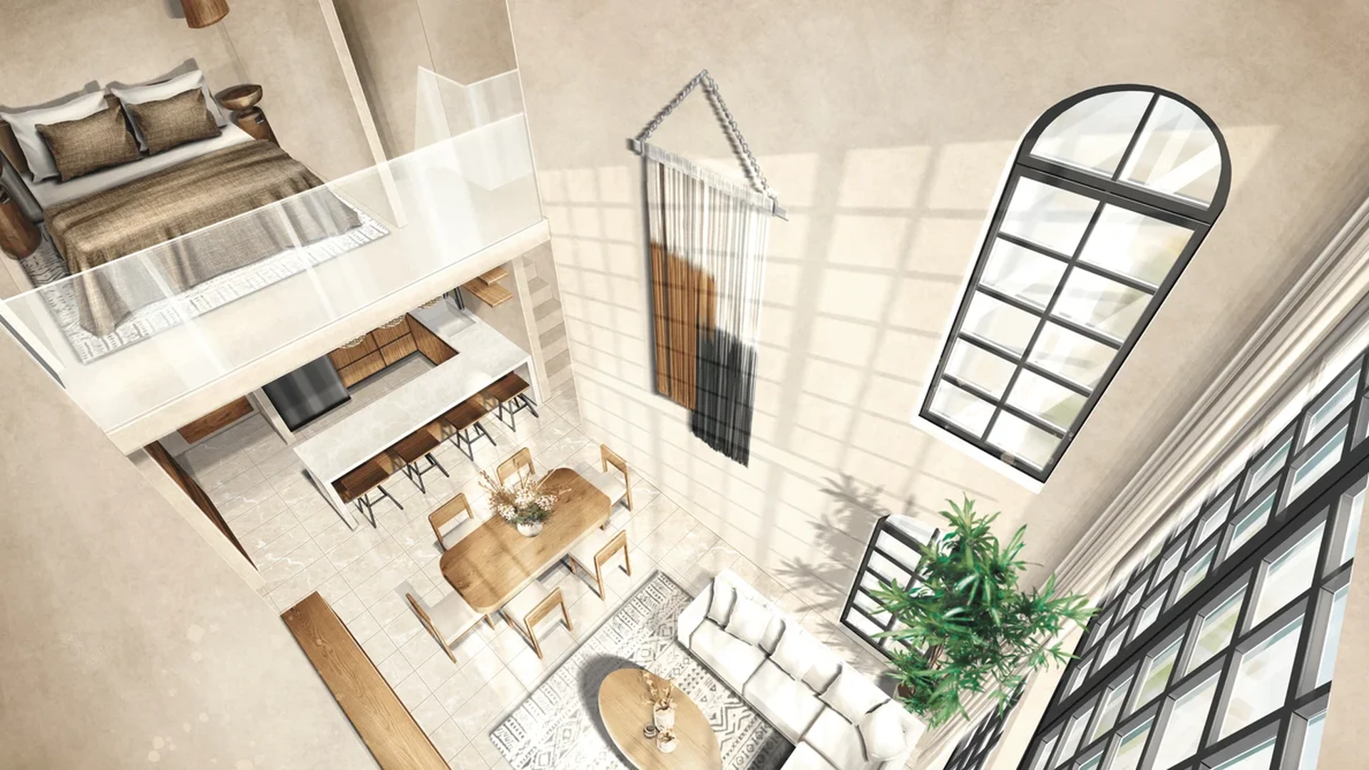 View of Loft Apartment at Adhonai, showcasing Open Concept Living, High Ceilings.