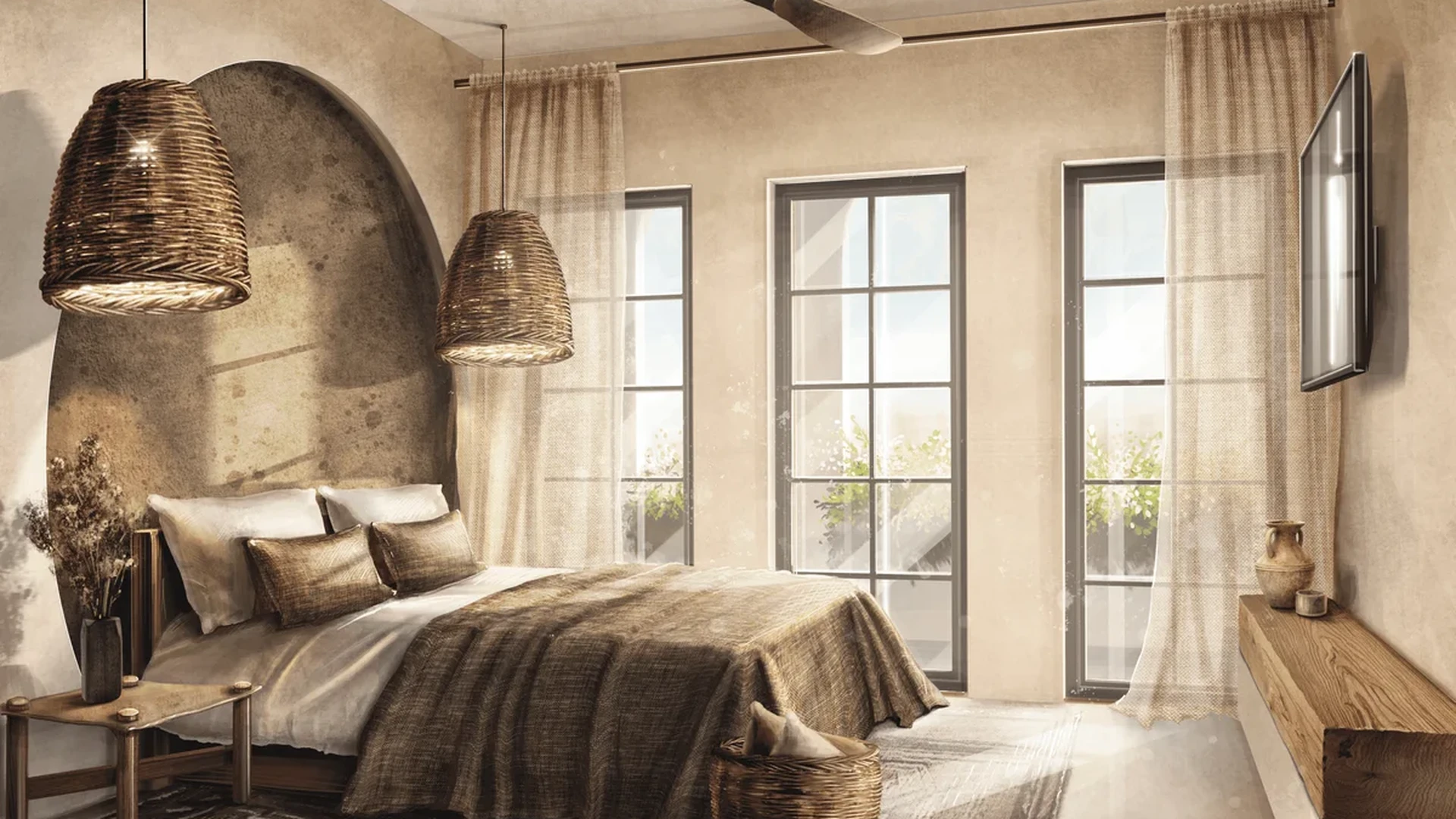 View of Rustic Bedroom at Adhonai, showcasing Bohemian Decor, Wabi-Sabi Design.