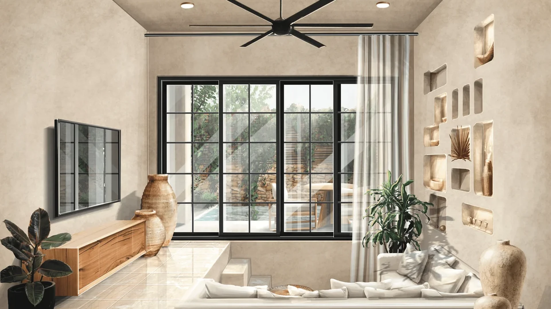 Image of Swimming Pool at Adhonai, featuring Sunken Living Room, Modern Interior Design.