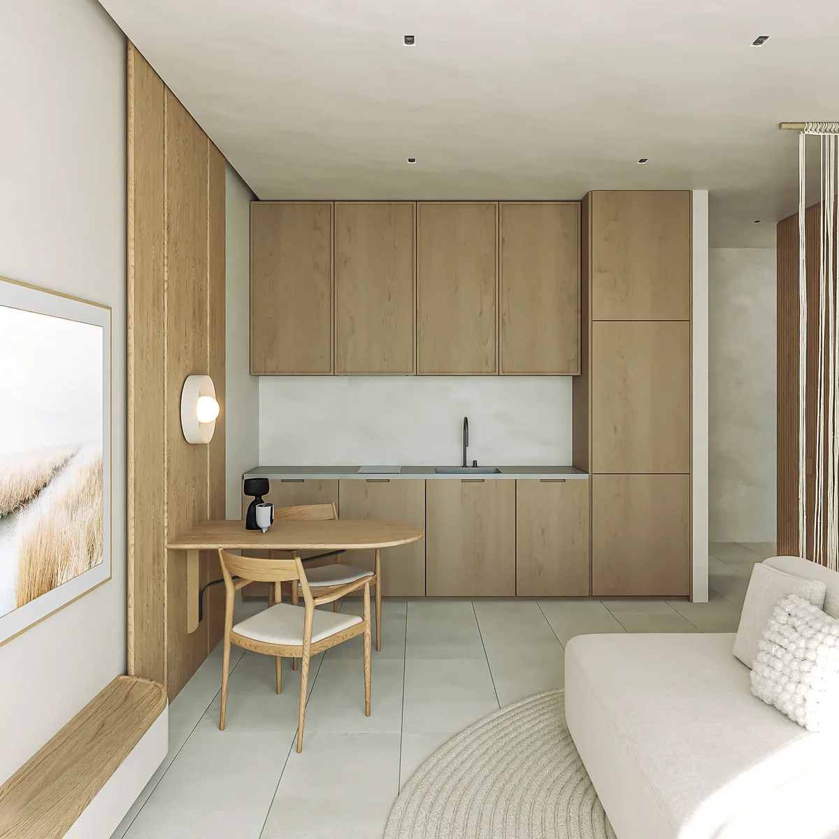 View of Modern Kitchenette at Spirit 1990, showcasing Open Concept Living, Light Wood Cabinetry.