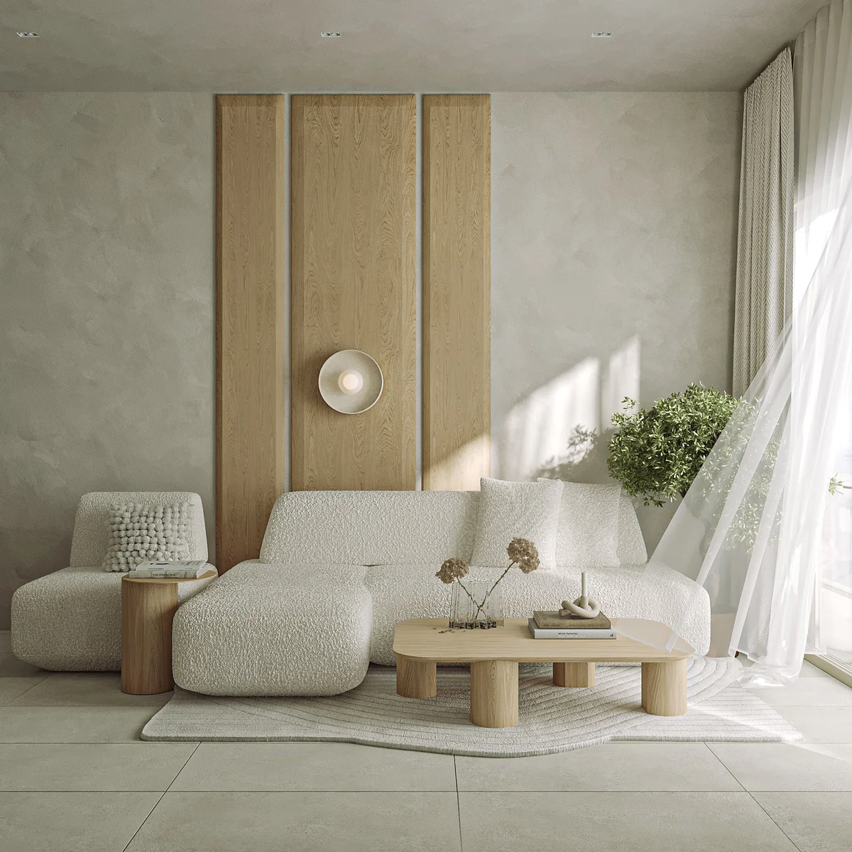 View of Modern Living Room at Spirit 1990, showcasing Japandi Style, Minimalist Interior.