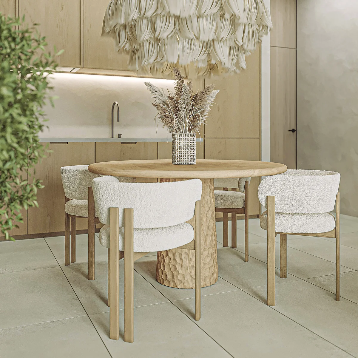 View of Modern Dining Room at Spirit 1990, showcasing Japandi Style Interior, Light Wood Cabinetry.