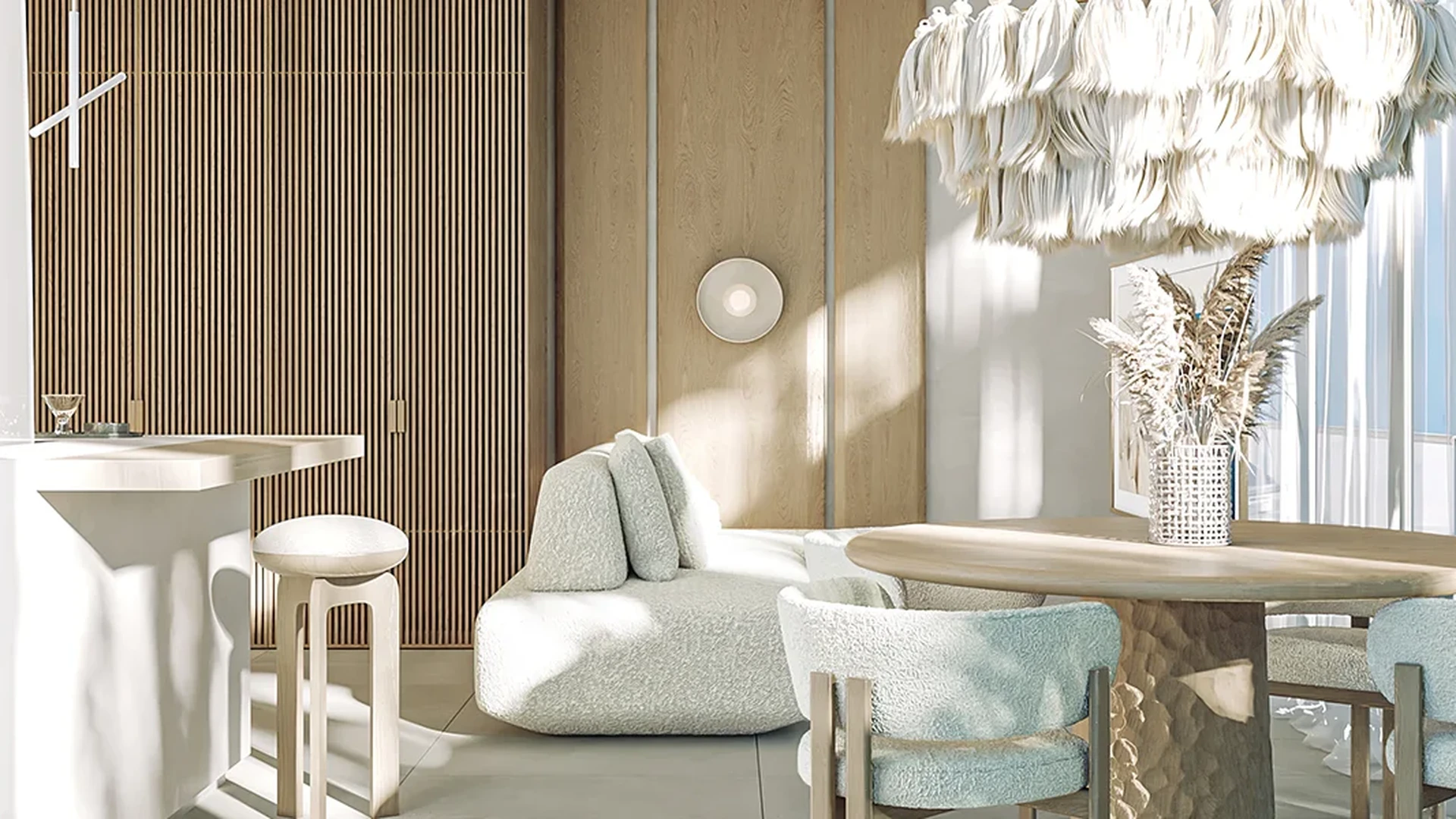 View of Modern Interior Design at Spirit 1990, showcasing Dining Room, Wood Slat Wall.