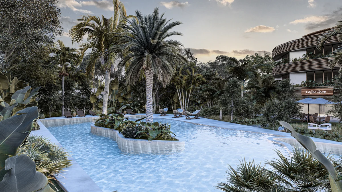 Image of Swimming Pool at Elementos Life, featuring Luxury Pool, Tropical Landscaping.