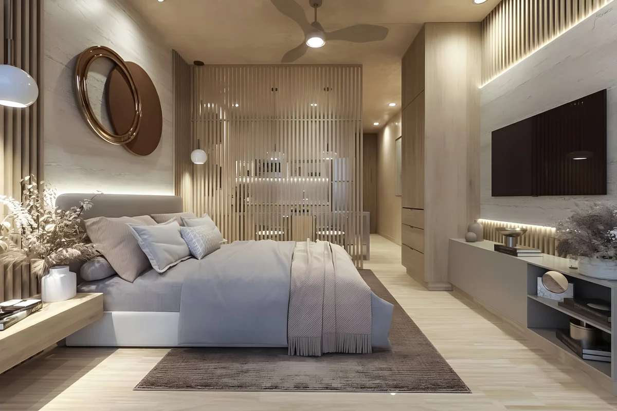 View of Modern Bedroom at Belehu, showcasing Luxury Interior, Neutral Color Palette.
