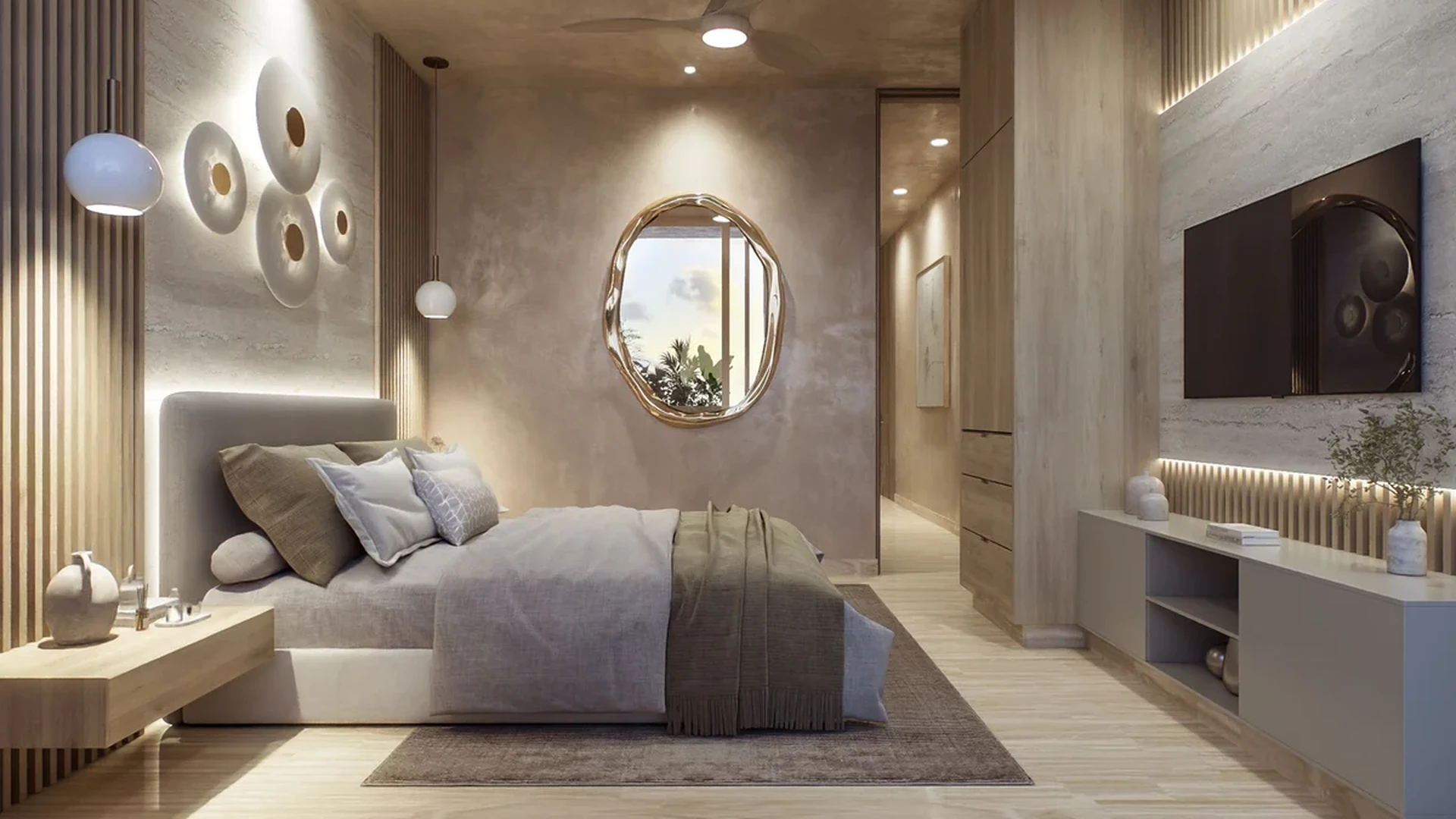 View of Modern Bedroom at Belehu, showcasing Luxury Interior Design, Wood Paneling.