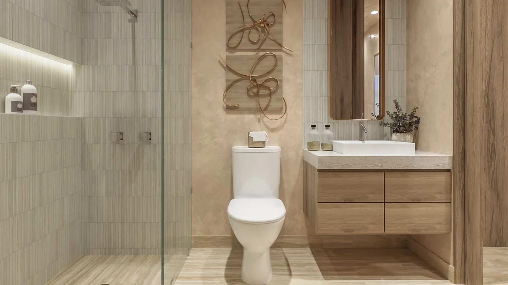 View of Modern Bathroom at Belehu, showcasing Walk-in Shower, Rainfall Showerhead.