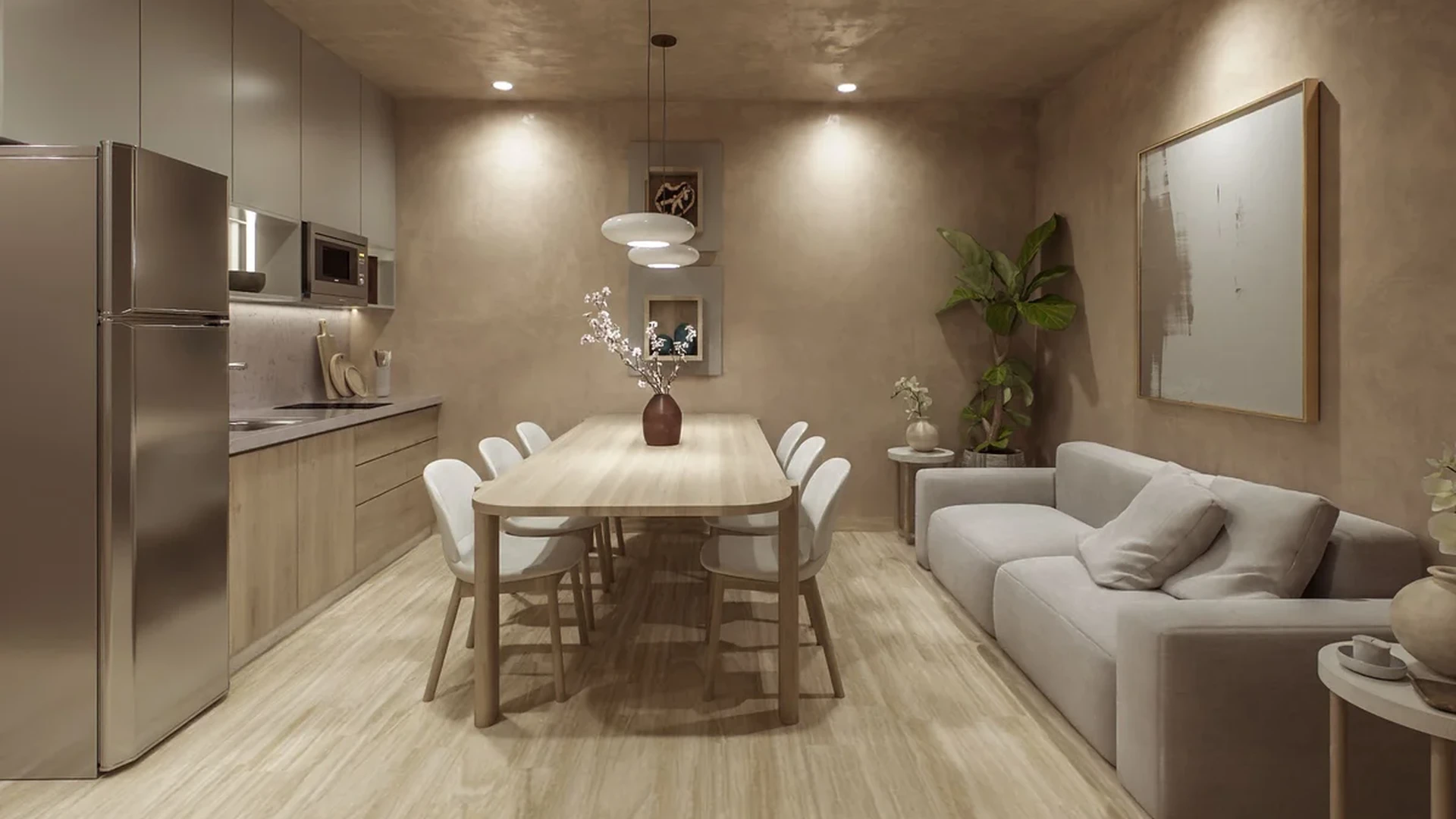 View of Open Concept Living at Belehu, showcasing Modern Interior Design, Dining Area.