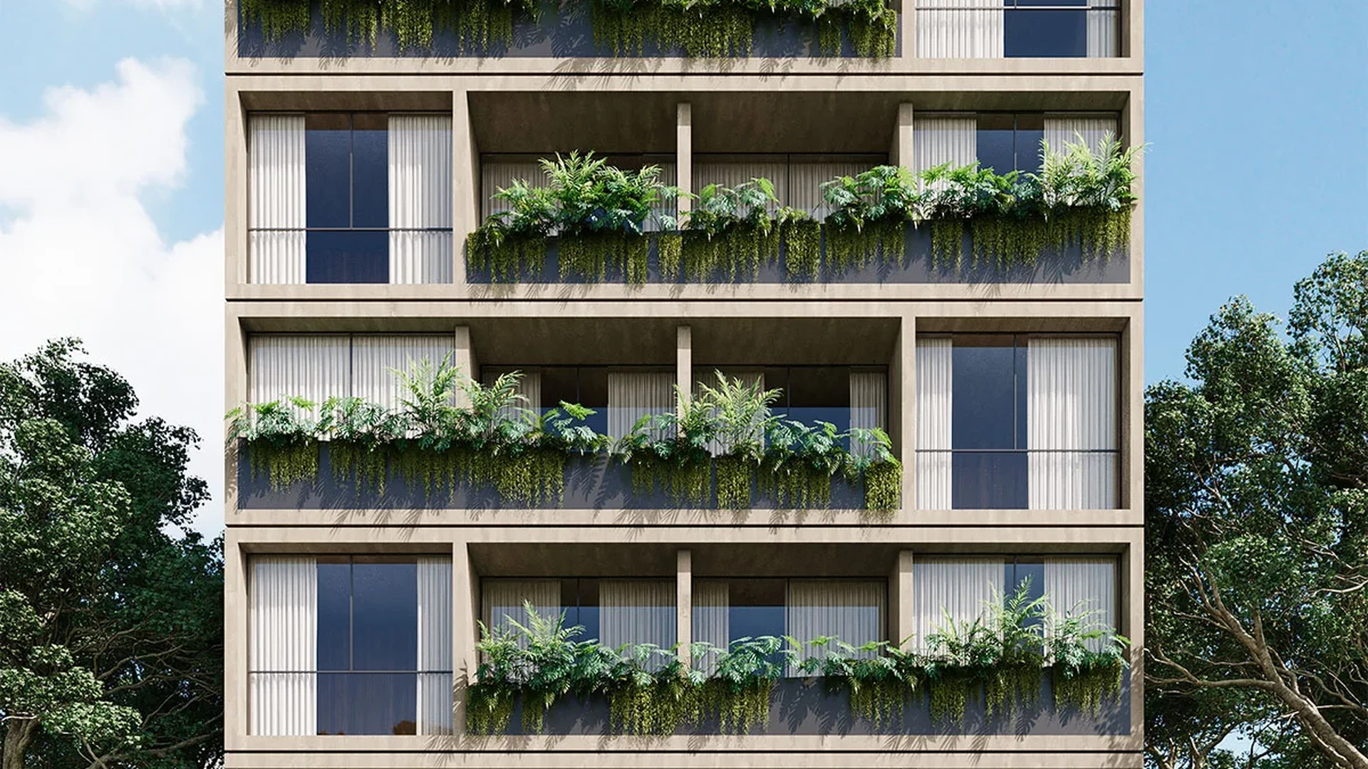 Image of Rooftop Terrace at Encanto de Playa, featuring Modern Apartment Building, Concrete Facade.