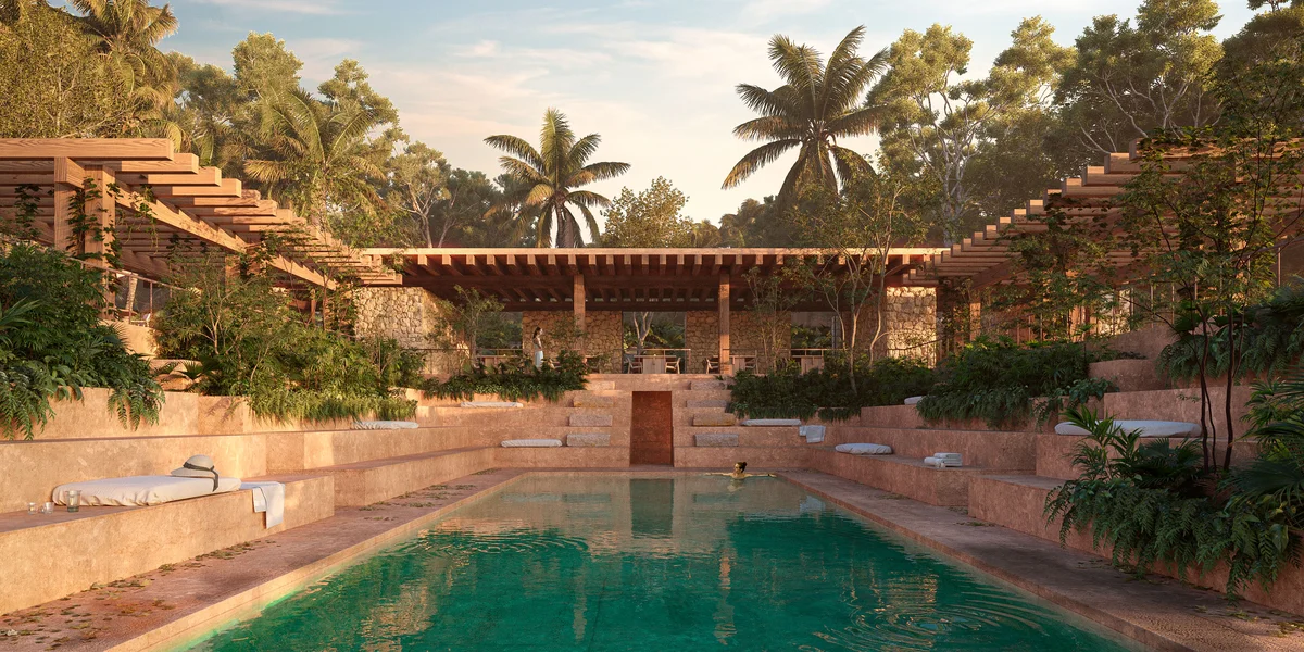 Image of Swimming Pool at Aldea Kalan, featuring Luxury Swimming Pool, Tropical Oasis.
