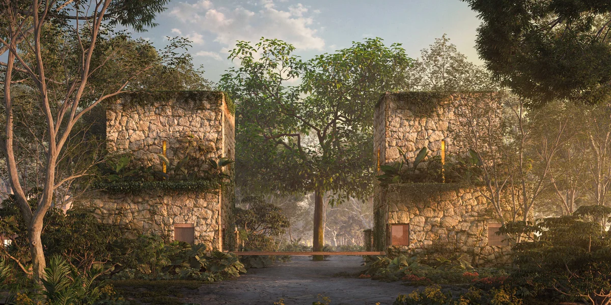 Image of Garden at Aldea Kalan, featuring Lush Landscaping, Stone Architecture.