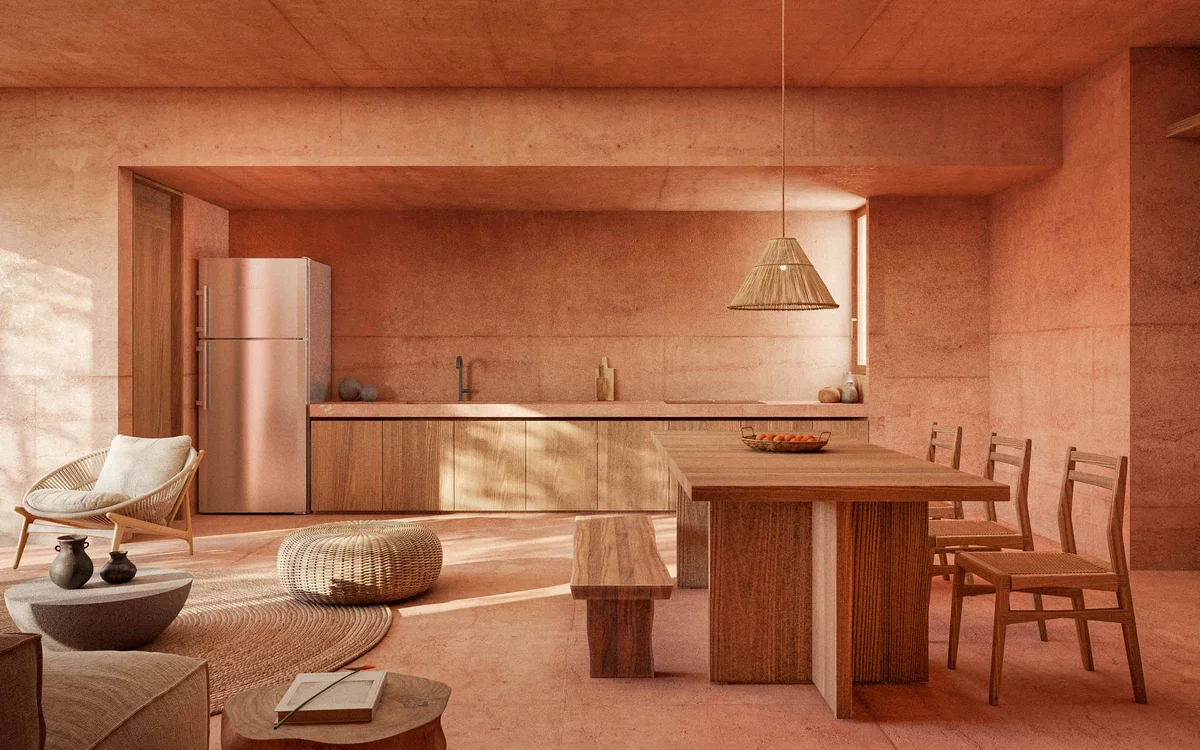 View of Open Plan Living at Aldea Kalan, showcasing Modern Kitchen, Terracotta Interior.